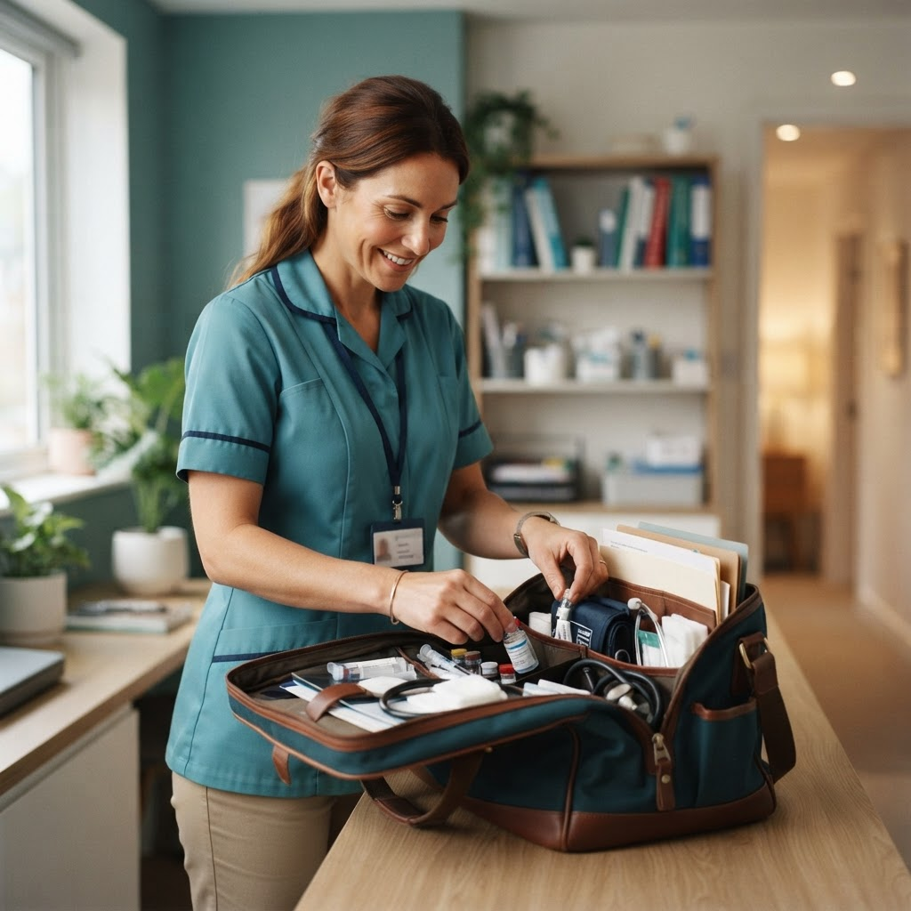 Infirmière préparant une visite à domicile
